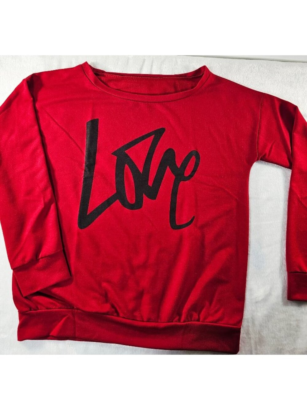 "Love" Top - Red long sleeve shirt with black "LOVE" letters - Medium
